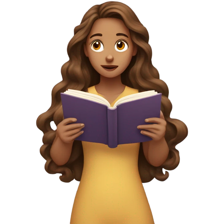 Girl with long brown wavy hair , read a book, and her face expression is thinking and there are questions mark above her head emoji