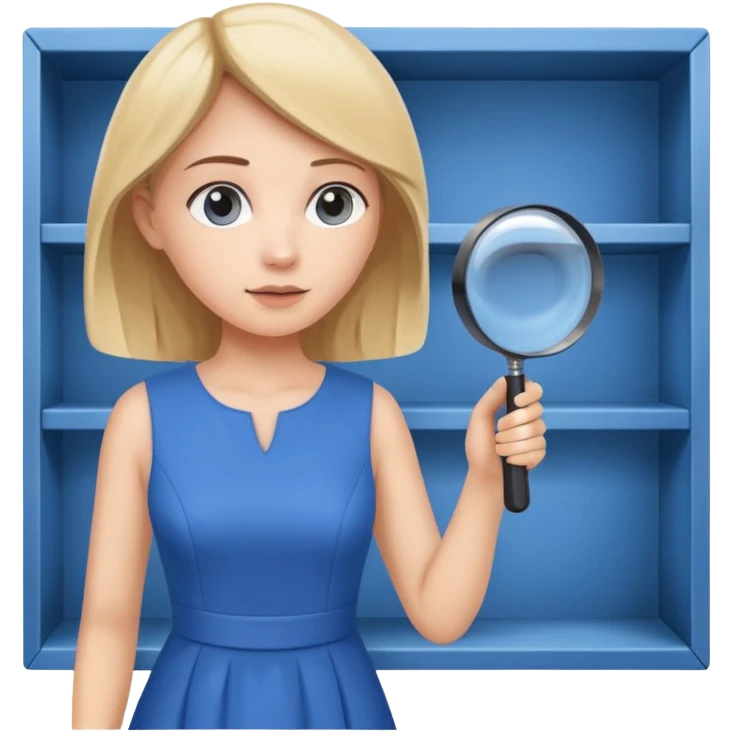 white empty shelf in perspective view with a standing woman nearby, she is looking at the shelfs with a magnifying glass, she is turned to the shelfs, woman wearing a blue dress emoji