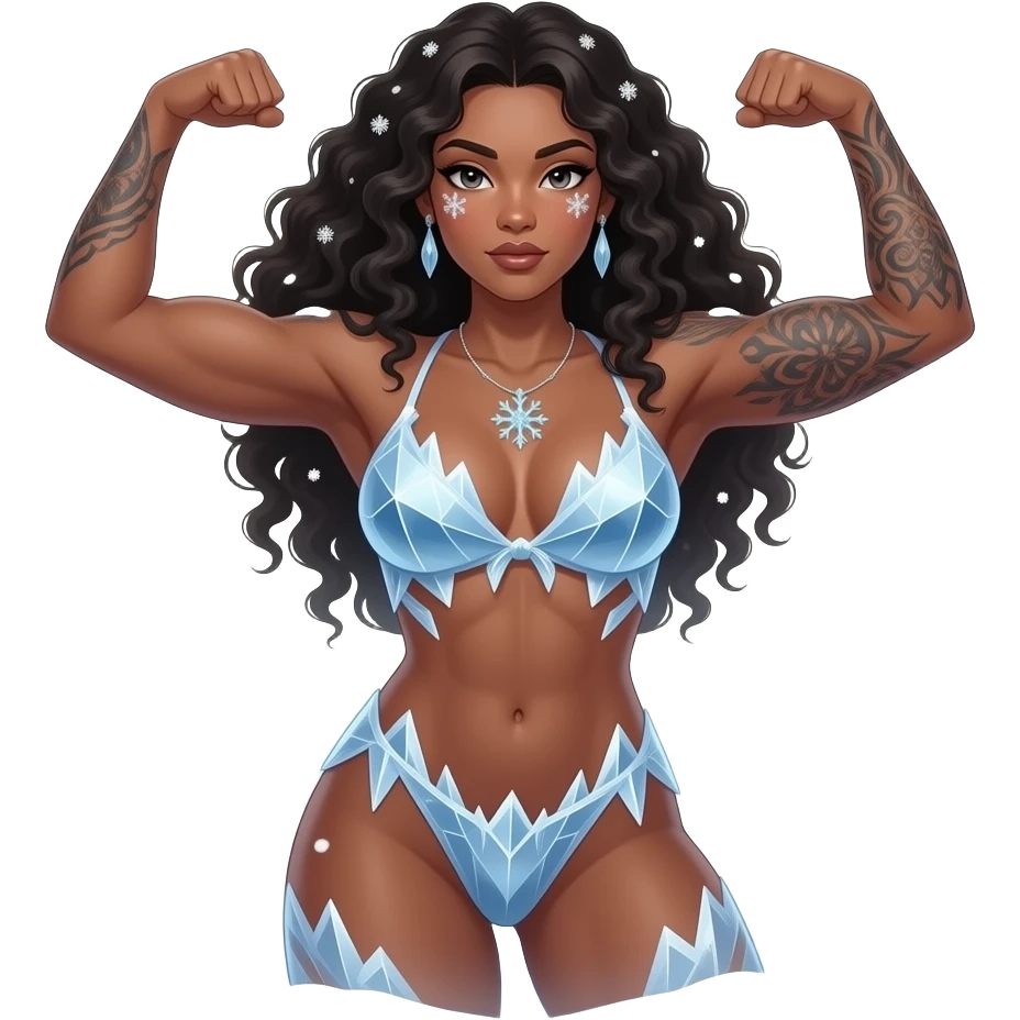 nude sexy brown skin female with long curly hair, full body nude, dark asian eyes, flexing in snow, snow flakes falling around, surrounded by icebergs and snow, ice tattoes, snow makeup, all in ice and snow emoji