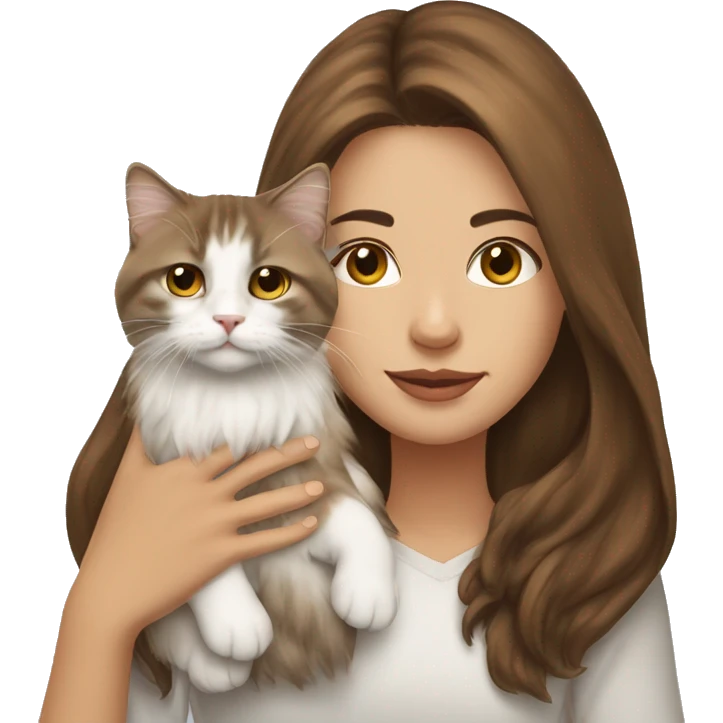 Woman with brown long hair holding a white Siberian cat emoji