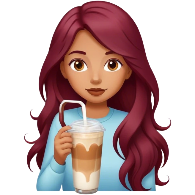 Burgundy long haired tanned girl with iced latte emoji