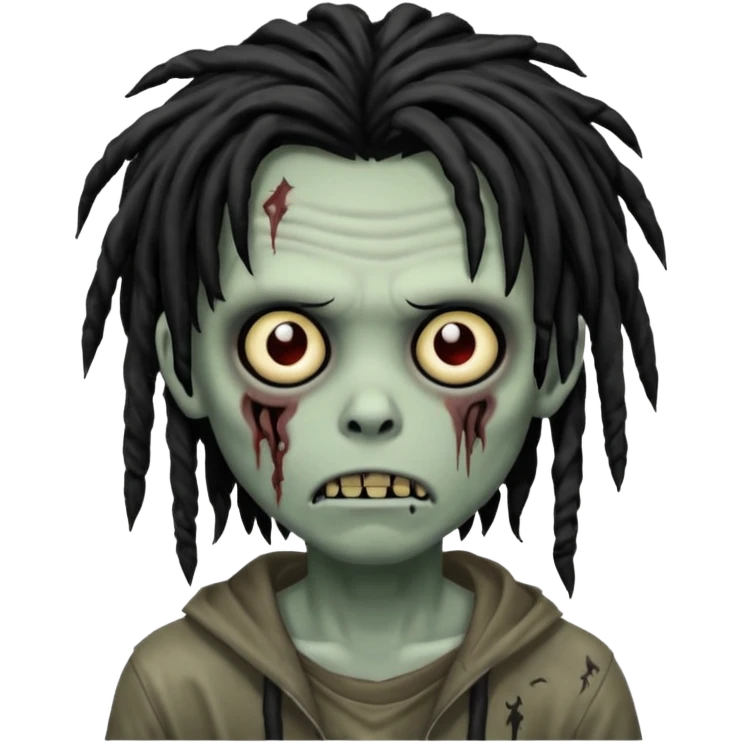 zombie boy with black dreads, medium length, emo style, shaggy, dark, creepy and spooky face, iOS emoji style emoji