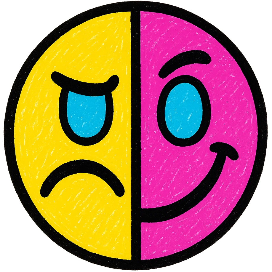bold vibrant emoji with a face divided down the middle, each half a different color and mood emoji