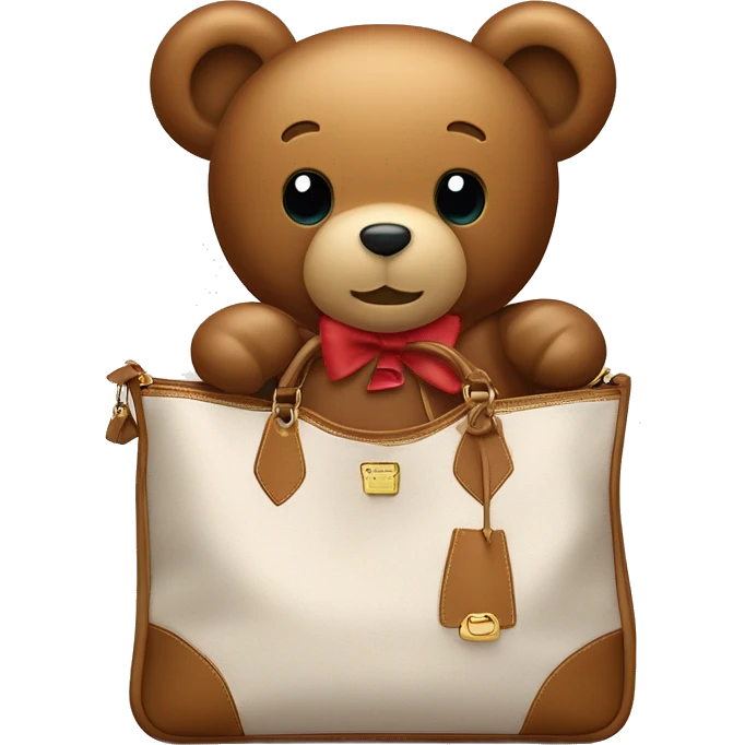 teddy bear wearing a louis vitton bag with a bow on it thats too big for him emoji