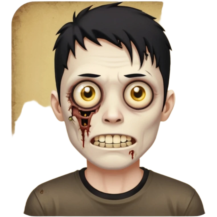 I want you to give me a zombie man who has golden teeth, yellow eyes, eyebrows and black hair, the hair I want to be a modcut cut and is wearing a brown affliction T-shirt and thin circular lenses emoji