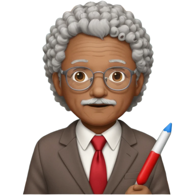 old man teacher, brown skin, curly grey white hai, wearing glasses, brown suit, red tie hold chalk on hand emoji