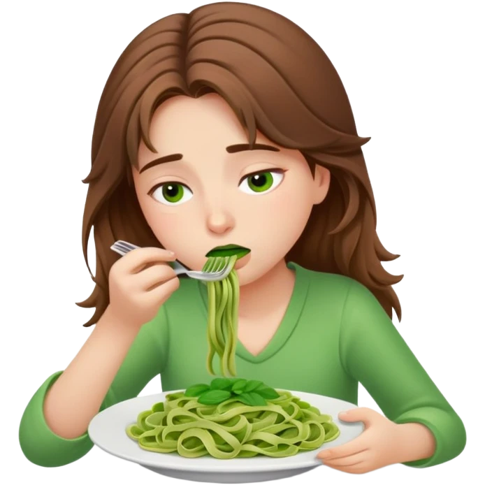 Brown haired girl eating green pasta dead asleep emoji