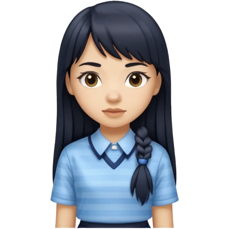 hair : black long hair with fringe 
skin : light 
cloth : light blue stripe shirt + navy long long school girl skirt



 emoji