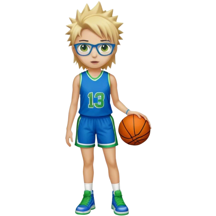 Full Body white plus size Girl with basketball spikey short brown and blonde hair  wearing blue glasses with green eyes wearing blue and green basketball uniform emoji