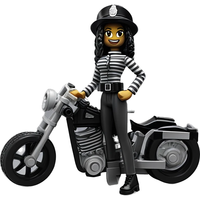 Lego, Jeffery New York Evening Gown Barbie, Wednesday Addams from academy, in vertically-striped dark-gray and black London police officer’s uniform with hat. Leaning back at the hips, riding a wheelie on a hot rod bike smiling  emoji