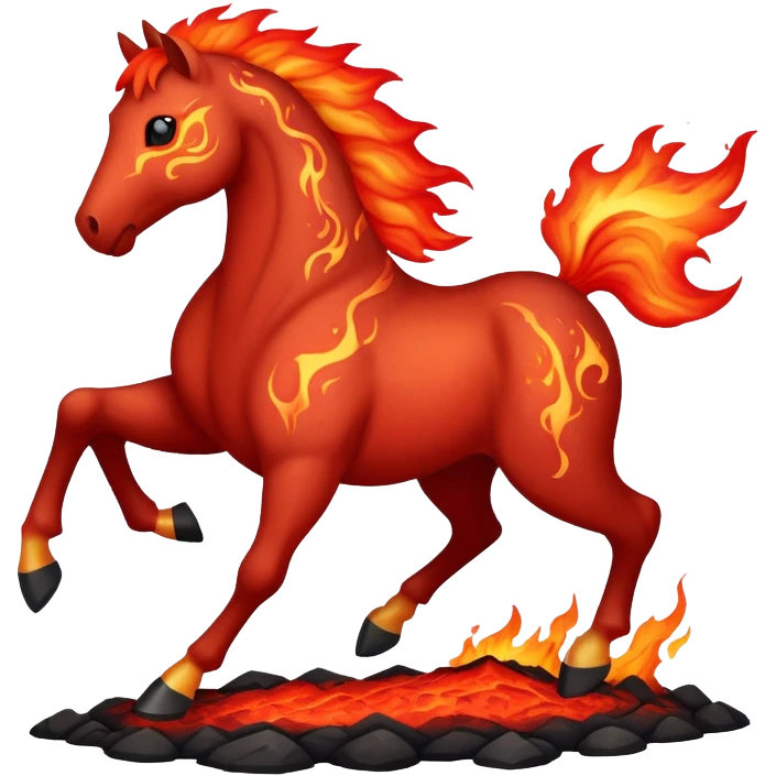A red fast horse made of embers, magma, and visible lava, with flames burning around it and ash particles floating emoji