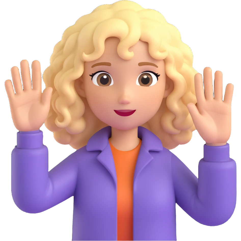 blonde girl with curly hair holding up her hand in a stop gesture emoji