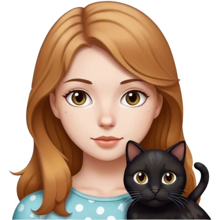 White girl with light brown hair holding a black cat with white spots  emoji