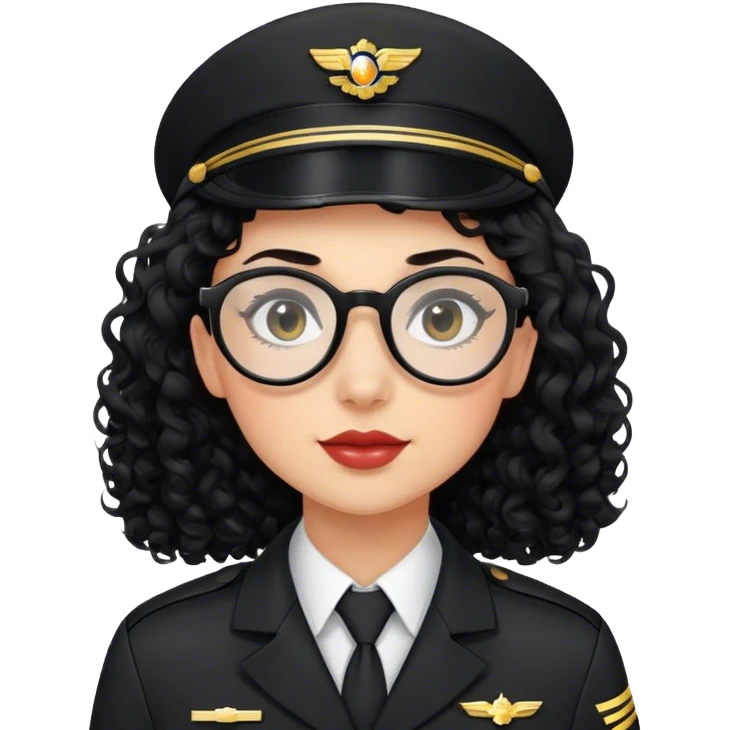 femme pilote d'avion en uniforme noir aux cheveux bouclés noir et petites lunettes arrondis identique avec des cheveux long et la peau légèrement plus claire  emoji