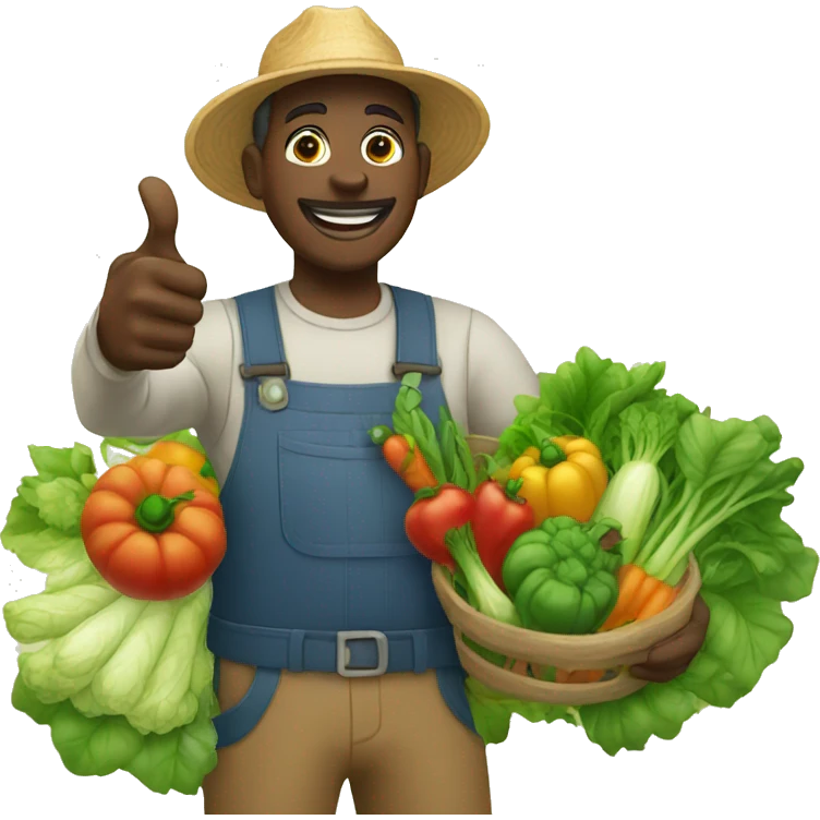 Black farmer picking up vegetables and welcoming with thumbs up emoji