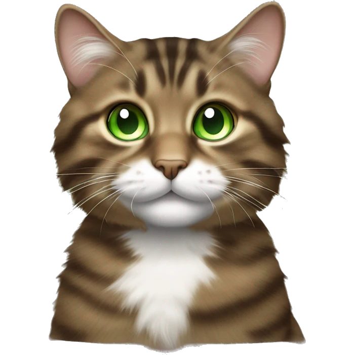 Cheeky fluffy brown tabby cat with white nose and soft green eyes  emoji