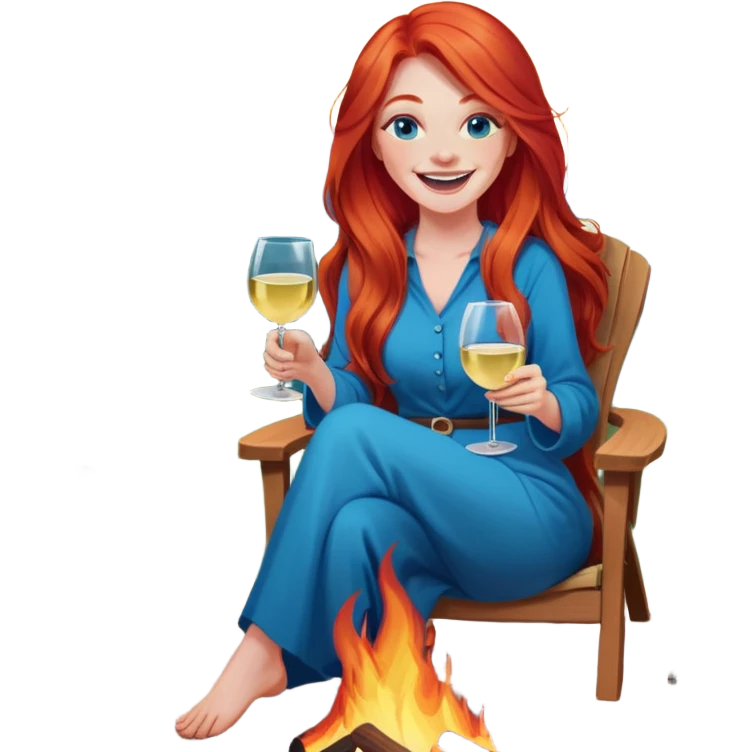 Laughing woman with long red hair and blue eyes holding white wine sitting in chair beside fire pit emoji