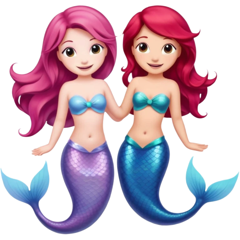Cute iOS-style emoji of a pastel pink dolphin and a red-haired mermaid, smiling at each other. 
Simple vector emoji design, bold outlines, soft gradients, glossy look, centered, white background. emoji