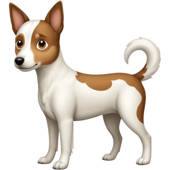 a full body large white floppy eared parson russell looking dog the size of a kelpie with light brown ears and a light brown patch on one eye and a large snout emoji