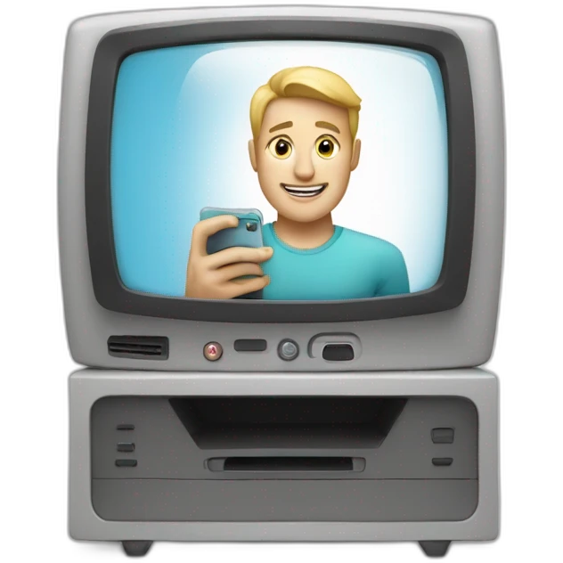 a man whit White skin looking a phone in front of a modern television emoji