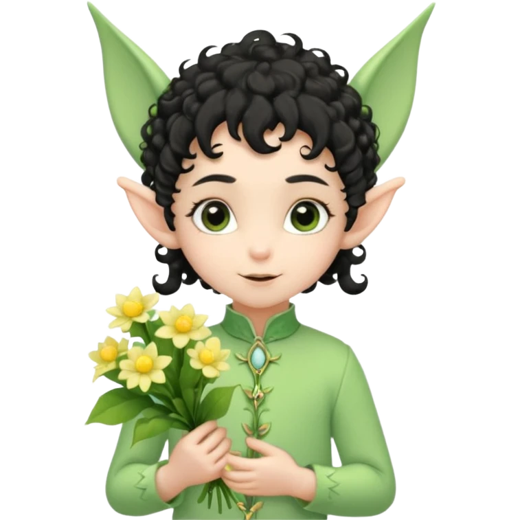 Tiny elf baby black curly hair with pointy ears and hat, pastel green outfit, hold flowers emoji