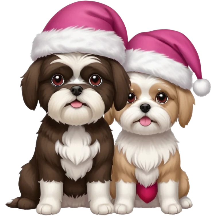two dogs one little white all over shih tzu dog with pink santa hat and one mostly white with black havanese dog wearing a red santa hat emoji