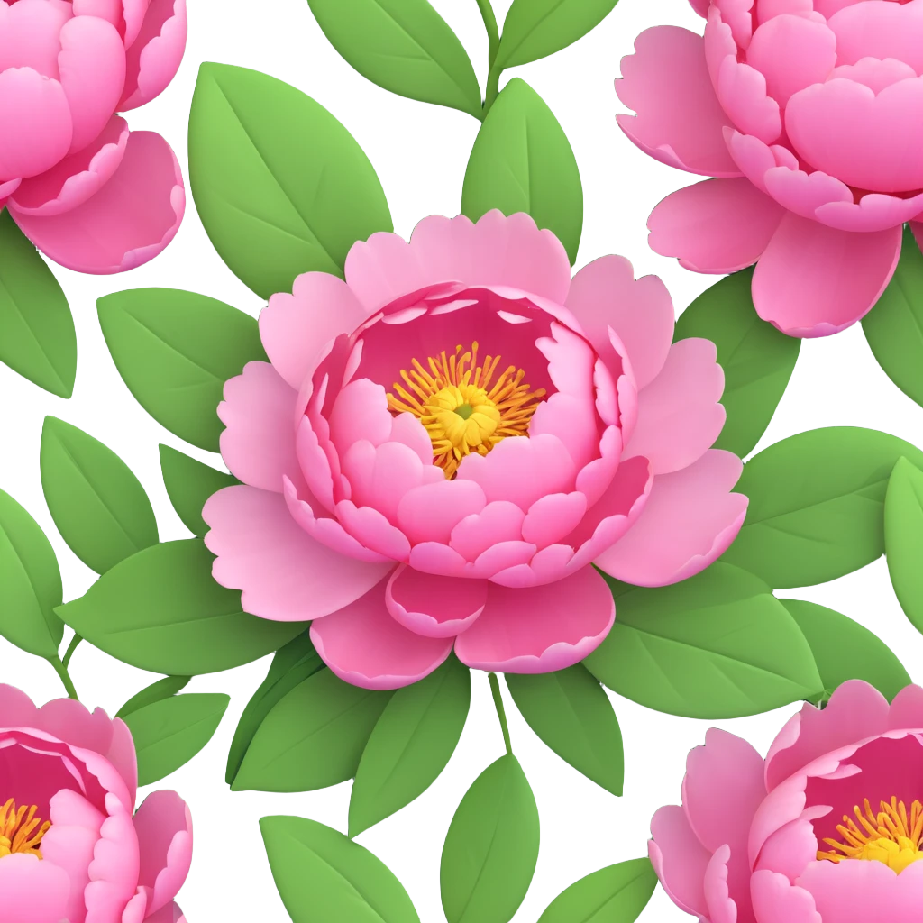 A pink peony flower in 3D iOS style with green leaves, detailed petals, and a soft, vibrant color scheme. emoji