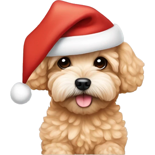 Apricot coloured Maltipoo with a Santa hat emoji
