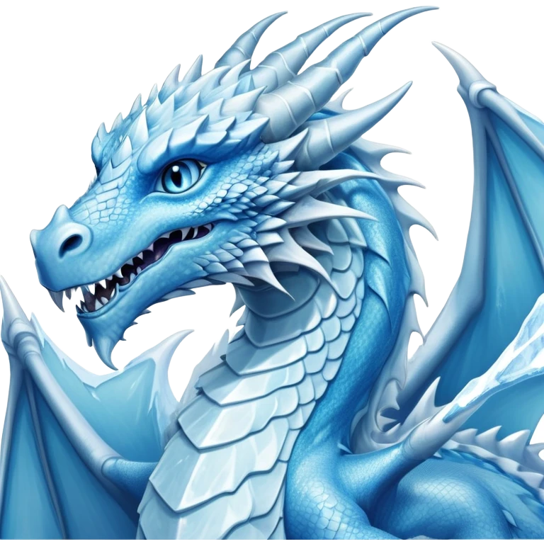 Cinematic Noble wise elegant Ice Dragon Portrait Emoji, Poised and imposing, distinct long elegant snout, with a slender, scaled body shimmering in glacial hues of icy blue, frostbitten silver, and crystalline white, breathing out frost, with piercing, glowing ice blue white eyes that radiate the chilling depths of an arctic storm; rendered in detail. excuding wisdom emoji