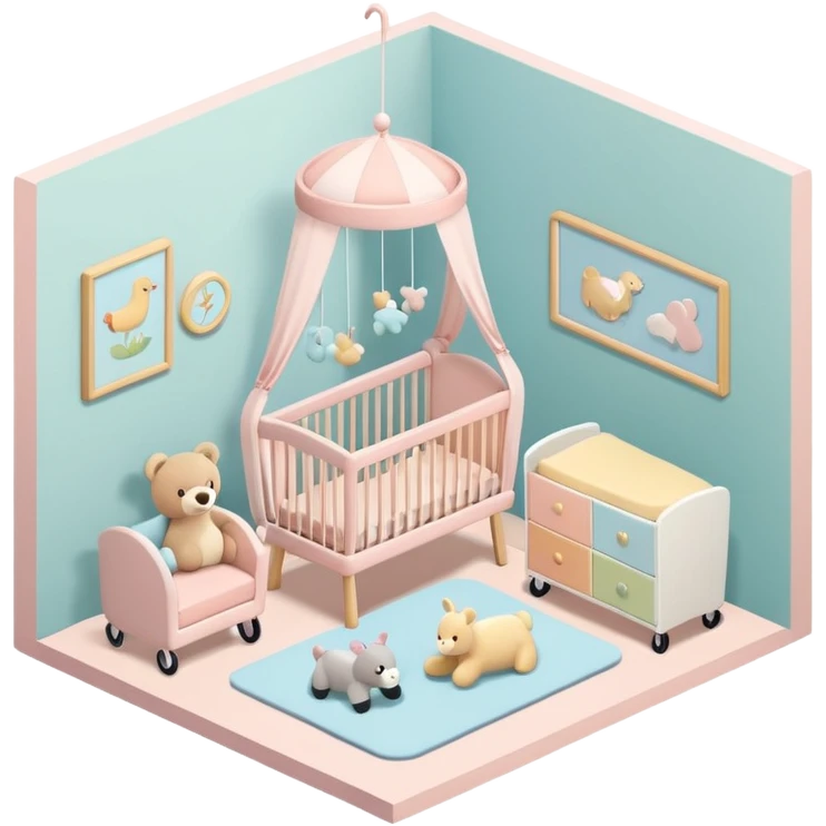isometric baby room, Nursery with pastel walls and hanging mobile emoji