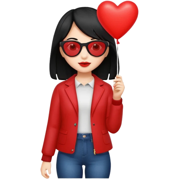 black hair girl with sun glasses holding red heart balloon emoji
