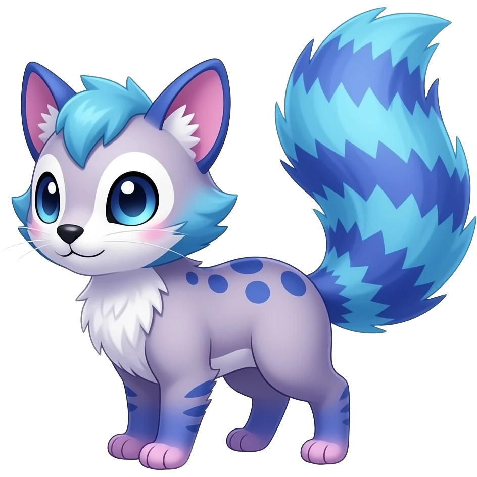 Cyan-blue-Cobalt-blue-magenta-gradients divine beautiful elegant pretty precious cute young youthful Fakémon-Pokémon-alien-opossum-feline-serval-caracal-chinchilla-Minccino-hybrid-creature with a big fluffy bushy striped tail (full body) emoji