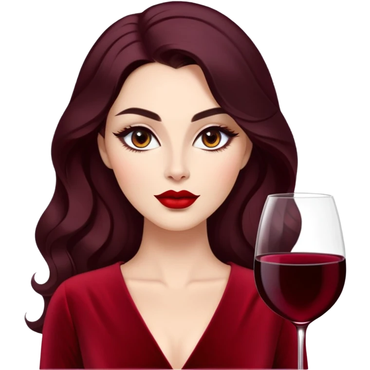 Confident woman with luminous skin, elongated face, defined features, dark almond eyes with dramatic eyeliner, thick eyebrows, straight elegant nose, full bright red lips, voluminous dark hair with soft waves, wine red velvet V-neck dress emoji