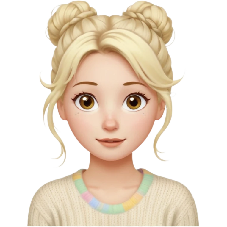 blonde hazel eyes woman with a white cable knit sweater and one messy bun with tendrils of hair flowing down her face and she is happy pale, some freckles, blush. she has a cateye wing and long lashes emoji