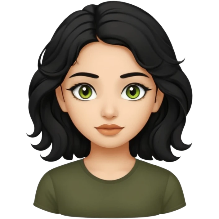 a pretty FAIR indian bratz girl with wavy black hair, wearing a black tee. eyeliner on, olive green eyes.  emoji