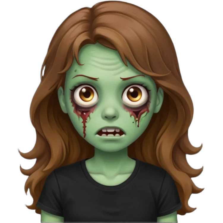 crie uma garotazoombie cabelo ondulado 2c longo castanho castanho comprido e blusa básica preta sem nada com pele esverdeada com rosto fofo emoji