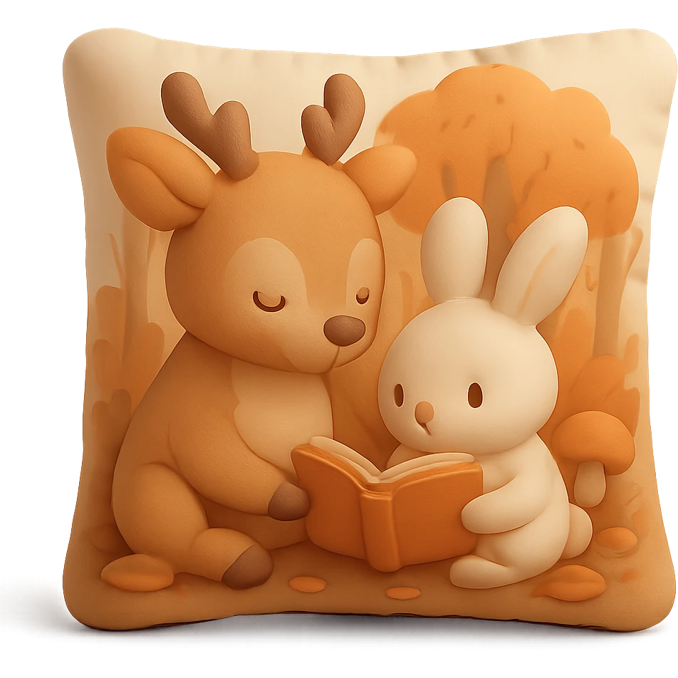 cute deer and bunny reading together in a soft autumn forest scene, cushion style emoji