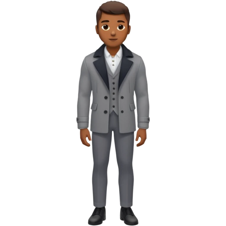 Handsome Black guy with brown skin tone, with lean muscular build, wearing gray slacks, a long sleeved white button up top, black shoes, and a black pea coat  emoji
