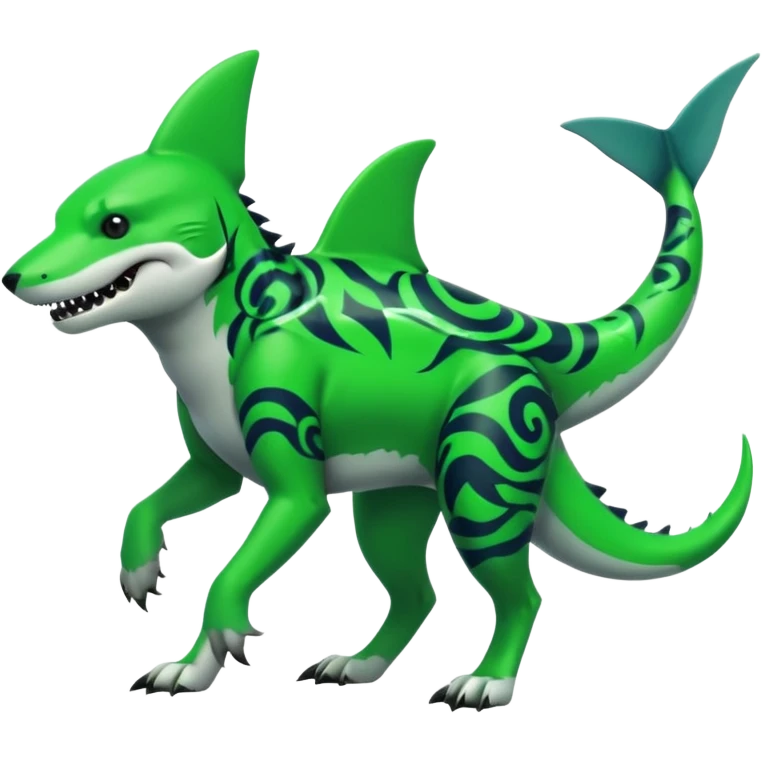 Edgy cool badass Neon-green landhai-sergal-canine, with a shark tail, with black and dark-green swirly patterns markings emoji
