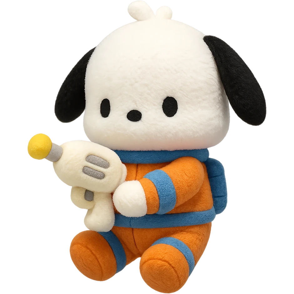 Pochacco holding a soft toy laser gun, white with black ears, wearing an orange and blue space suit, plushy Popmart doll style, playful and adorable emoji