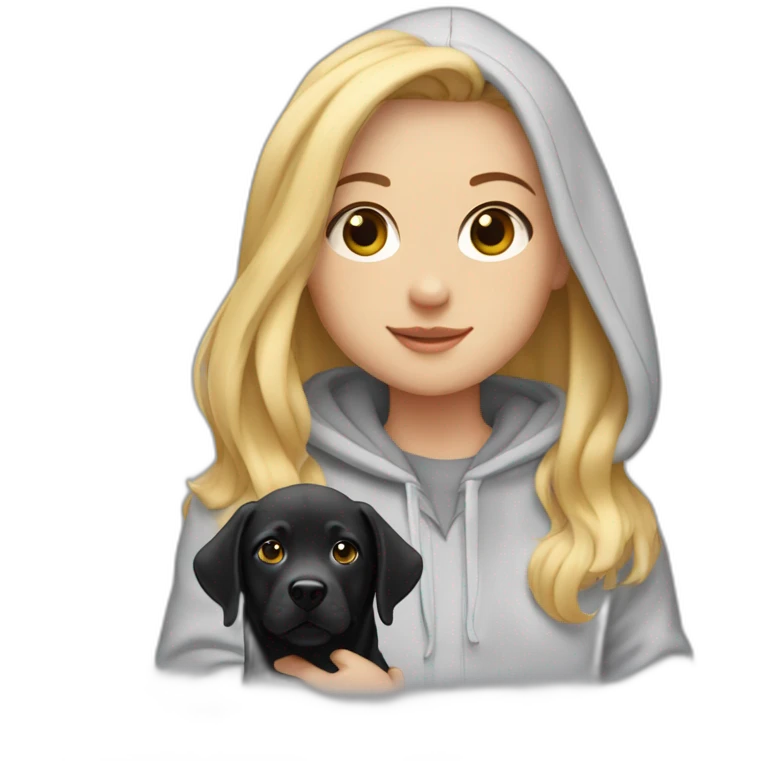 A blonde girl with smooth hair and a ray in the middle of his hair, she has light skin a few freckles, and she wear a hoodies and she Carries in his arms a baby black labrador dog  emoji