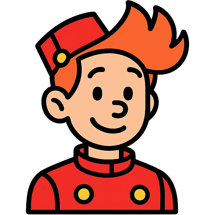 Spirou character as a color outline icon with black outlines and flat color fills, modern icon style emoji