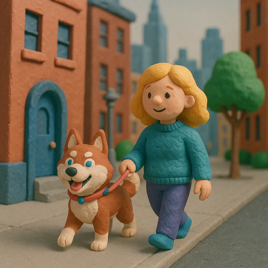 Cute Blonde woman wearing a sweater walking a happy red-brown blue-eyed Siberian husky in New York City on an upper east side city sidewalk  emoji
