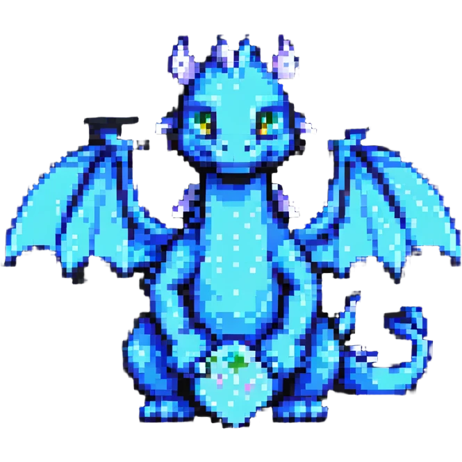 pixel art dragon with tiny wings, sitting and smiling emoji