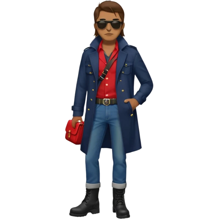 Man with long brown hair, brown goatie, sunglasses, wearing red button up shirt with a sling horizontally across the torso, wearing a black trenchcoat, blue jeans, long black military boots, red fingerless gloves, green backpack emoji