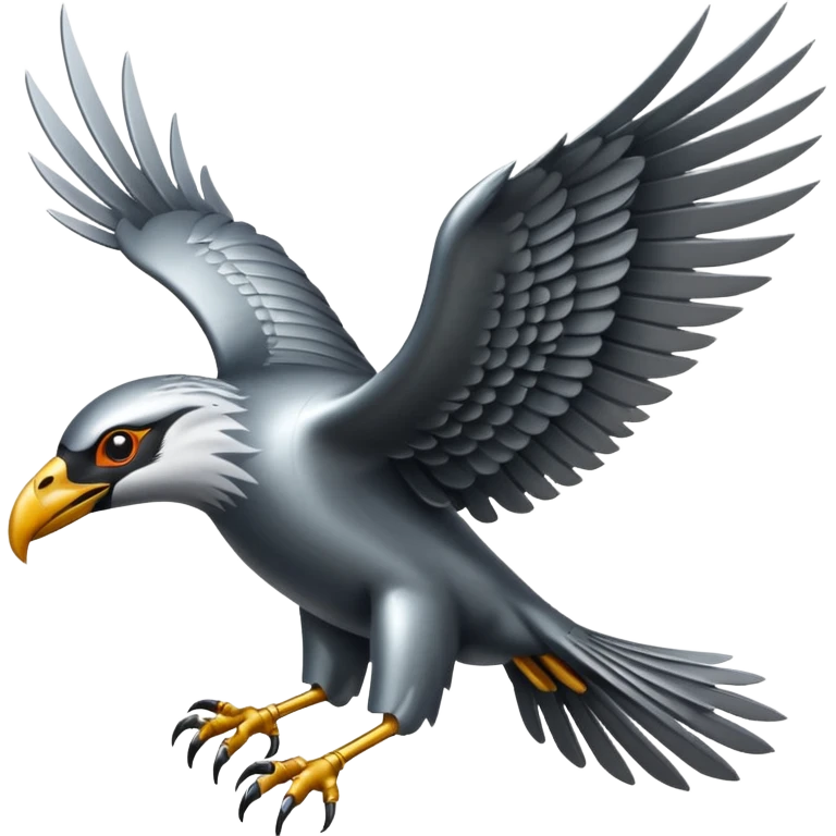 Emoji-style icon of a large metallic predatory bird flying, sharp wings, steel texture, dramatic pose, no gold emoji
