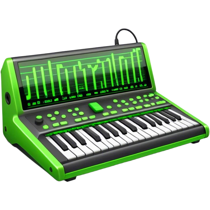 Create a creative and technical emoji that represents sound design. The design should feature a sound mixing console, audio waveforms, and sound effects icons (like a reverb or delay knob) to symbolize the manipulation and crafting of sound. Add elements like a synthesizer or audio interface to reflect the electronic aspect of sound creation. Use colors like neon green, blue, or purple to represent the innovative and experimental nature of sound design. The background should be transparent. emoji