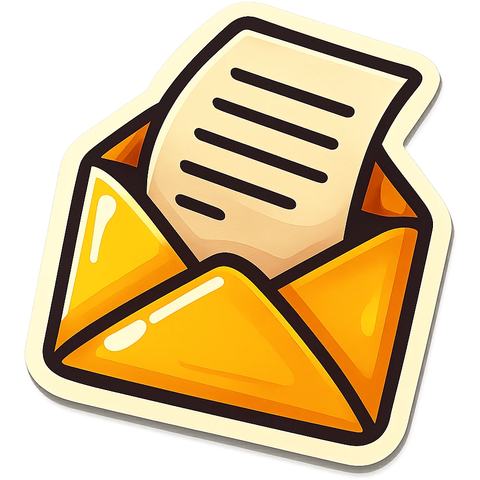 retro sticker style illustration of an envelope with a letter sticking out, slightly open envelope, visible letter, bold outlines, expressive shadows, glossy highlights, juicy, playful, bright emoji