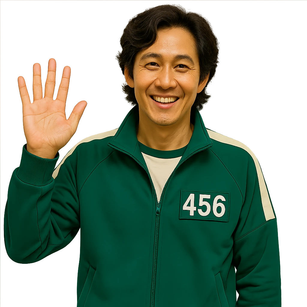 Edit the main character from Squid Game series in green tracksuit with number 456, smiling and waving. Keep the original style and minimal background. Remove the background entirely. emoji