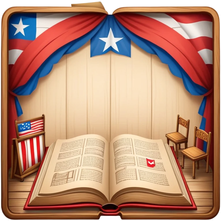 Timeless open book with visible pages of hand-drawn theater backdrop sketches, stage layouts and set designs, Puerto Rican flag motifs integrated throughout, wooden cover with theater symbols, warm light emoji